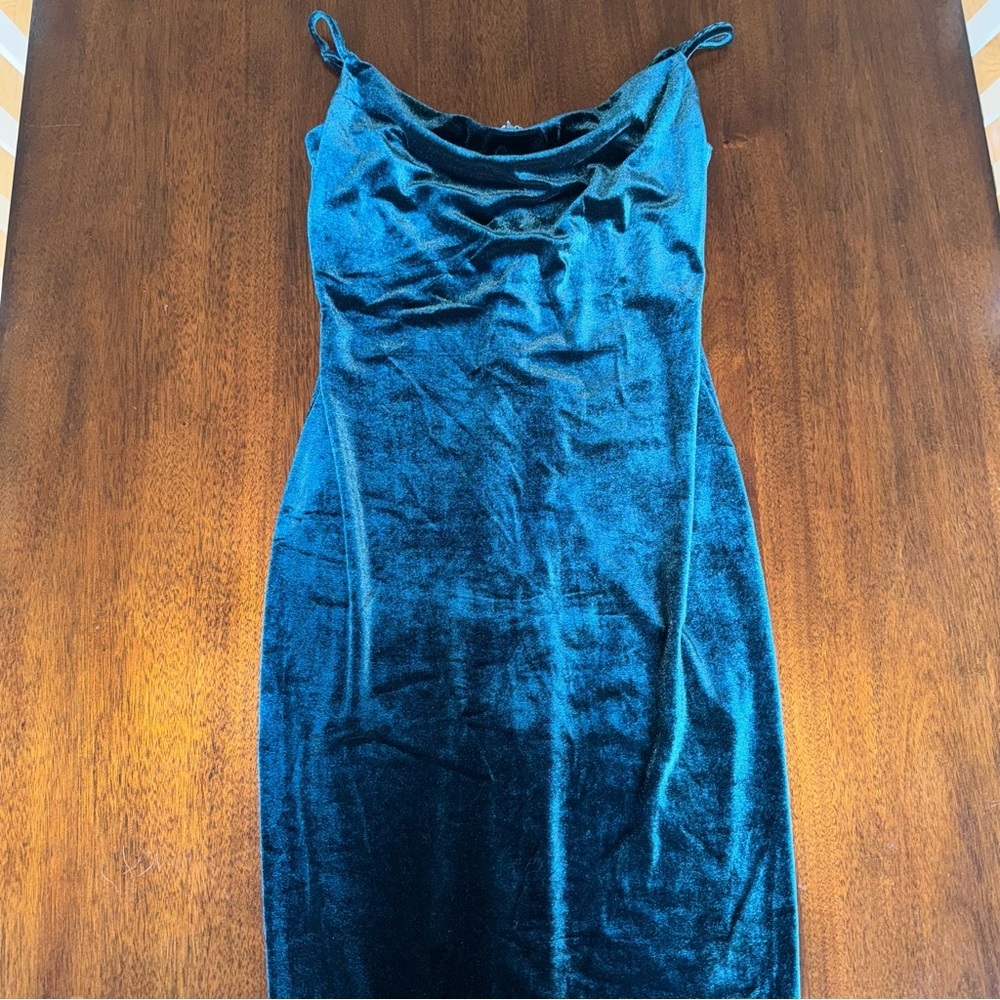 Makk Fashions Dark Aqua Blue Velvet Cowl Neck Midi Dress Slit Size Medium